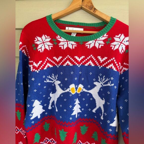 JOLLY SWEATERS festive ugly holiday sweater reindeer drinking beer Cheers XL EUC - Picture 2 of 7